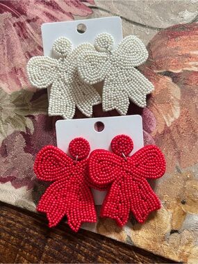 Bow Postback Earrings - Red & White Statement Lot of 2